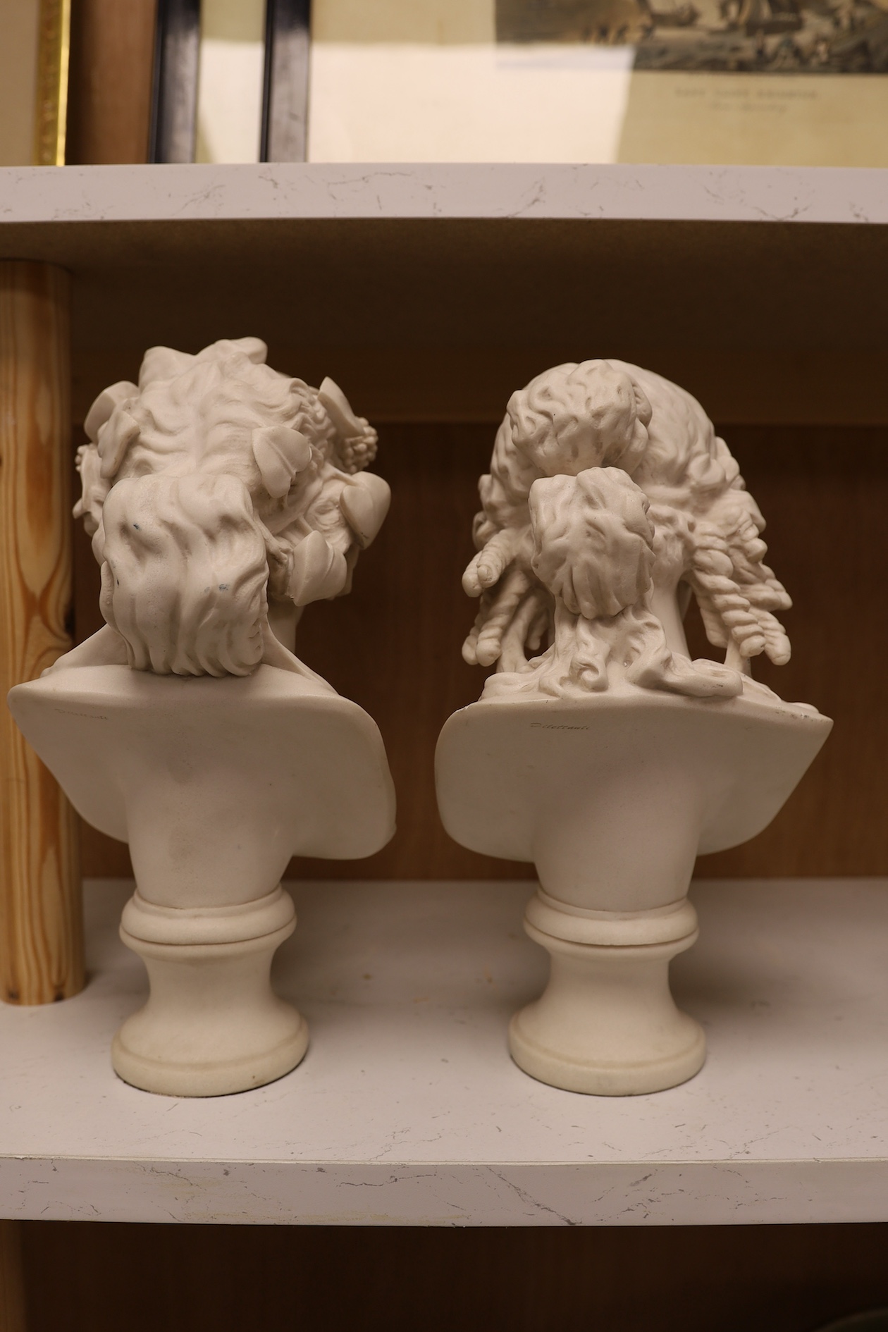 Two Parian ware style composition busts, signed on back, tallest 29cm high. Condition - good